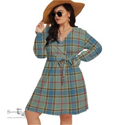 Scottish Balfour Blue Clan Tartan Womens V-neck Dress With Waistband Tartan Dress Plus Size