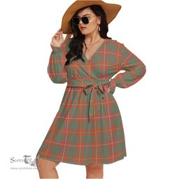 Scottish Bruce Ancient Clan Tartan Womens V-neck Dress With Waistband Tartan Dress Plus Size