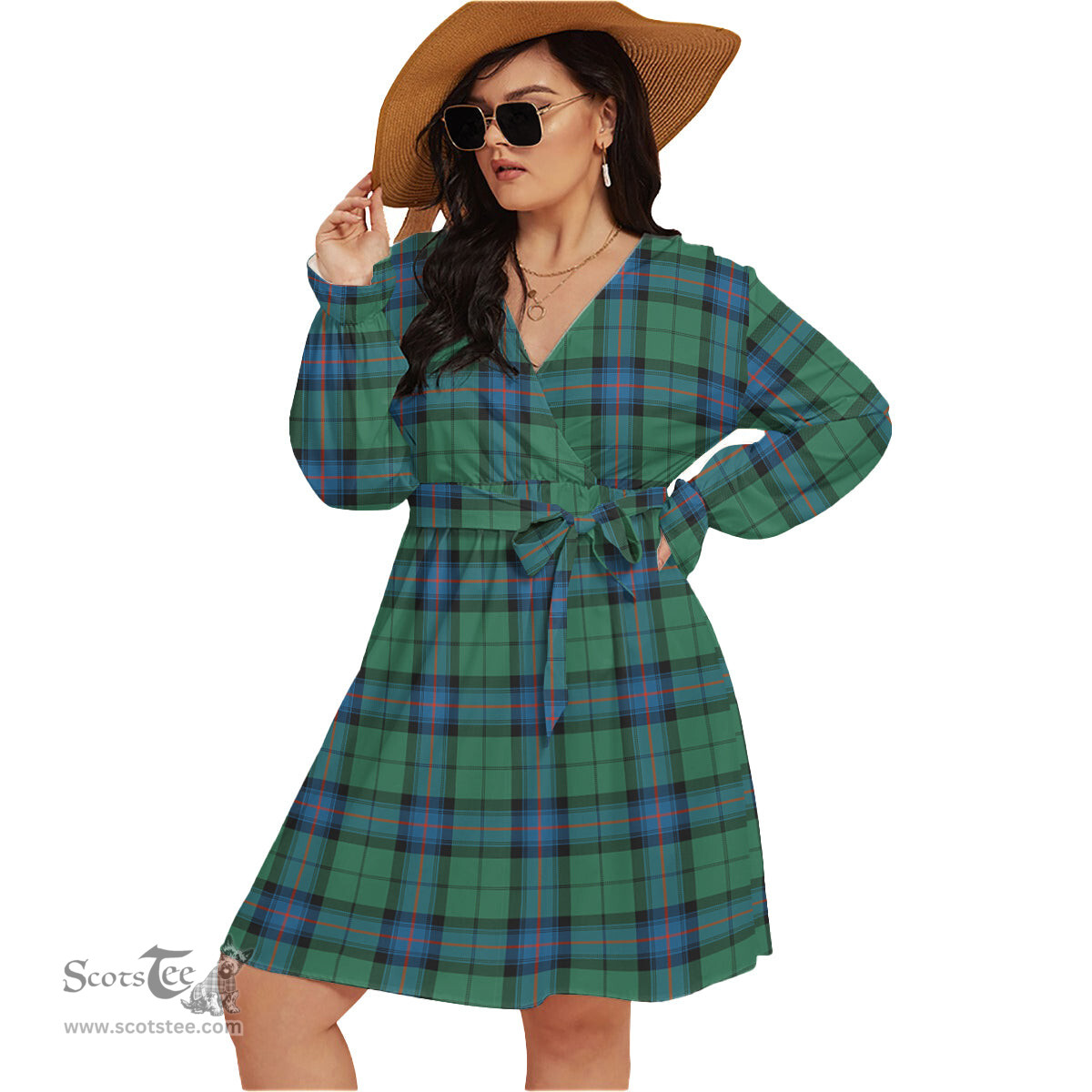 Scottish Armstrong Ancient Clan Tartan Womens V-neck Dress With Waistband Tartan Dress Plus Size