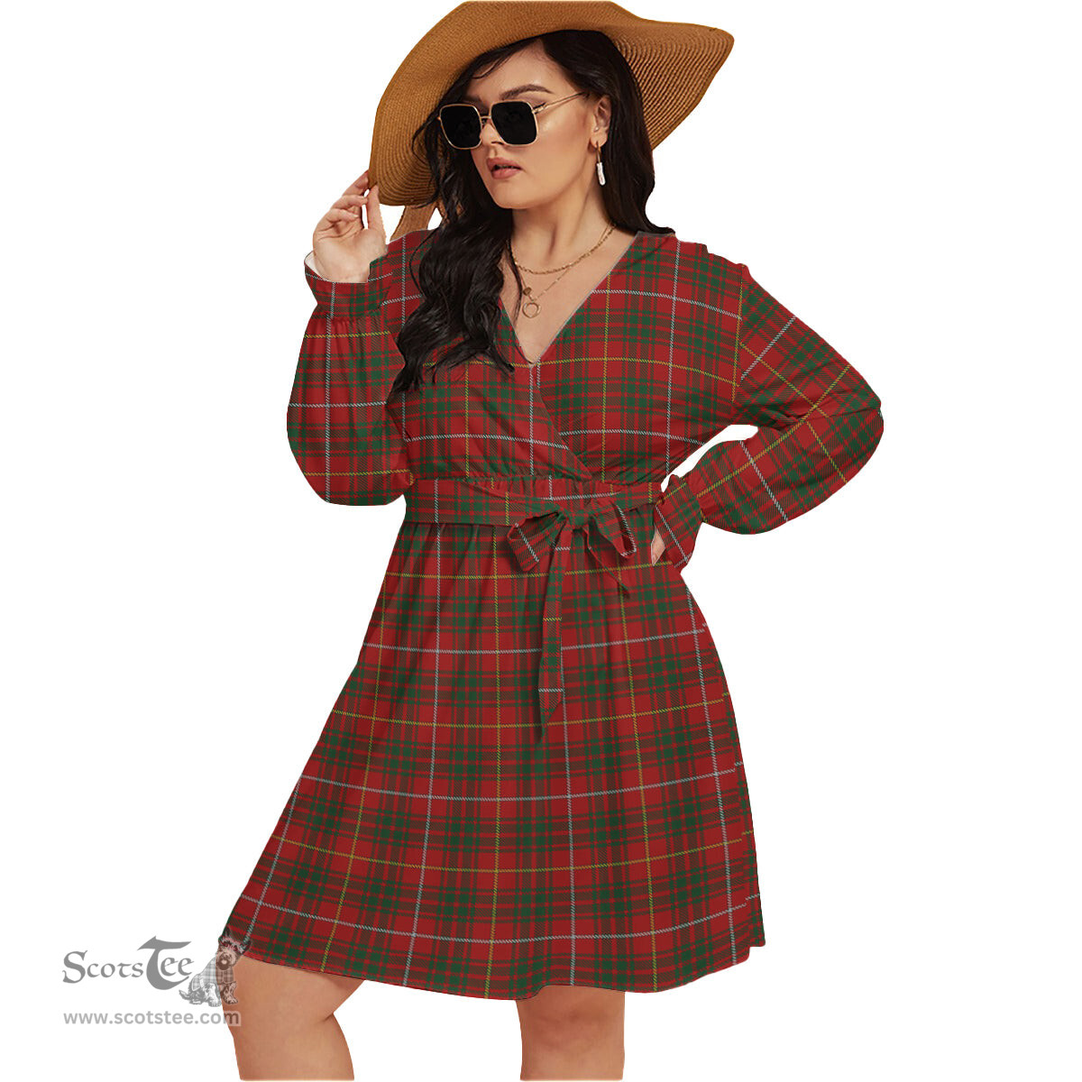 Scottish Bruce Clan Tartan Womens V-neck Dress With Waistband Tartan Dress Plus Size