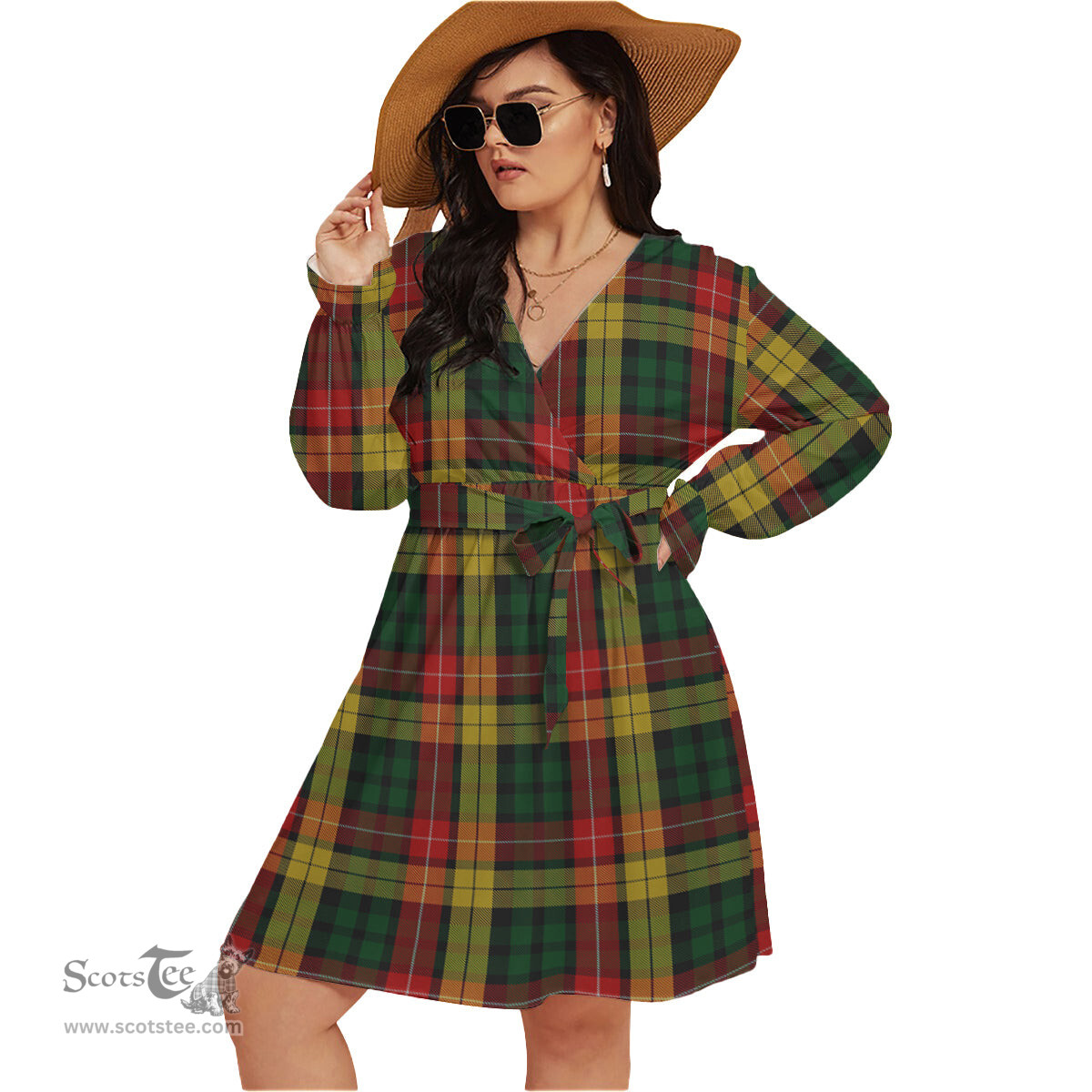 Scottish Buchanan Clan Tartan Womens V-neck Dress With Waistband Tartan Dress Plus Size