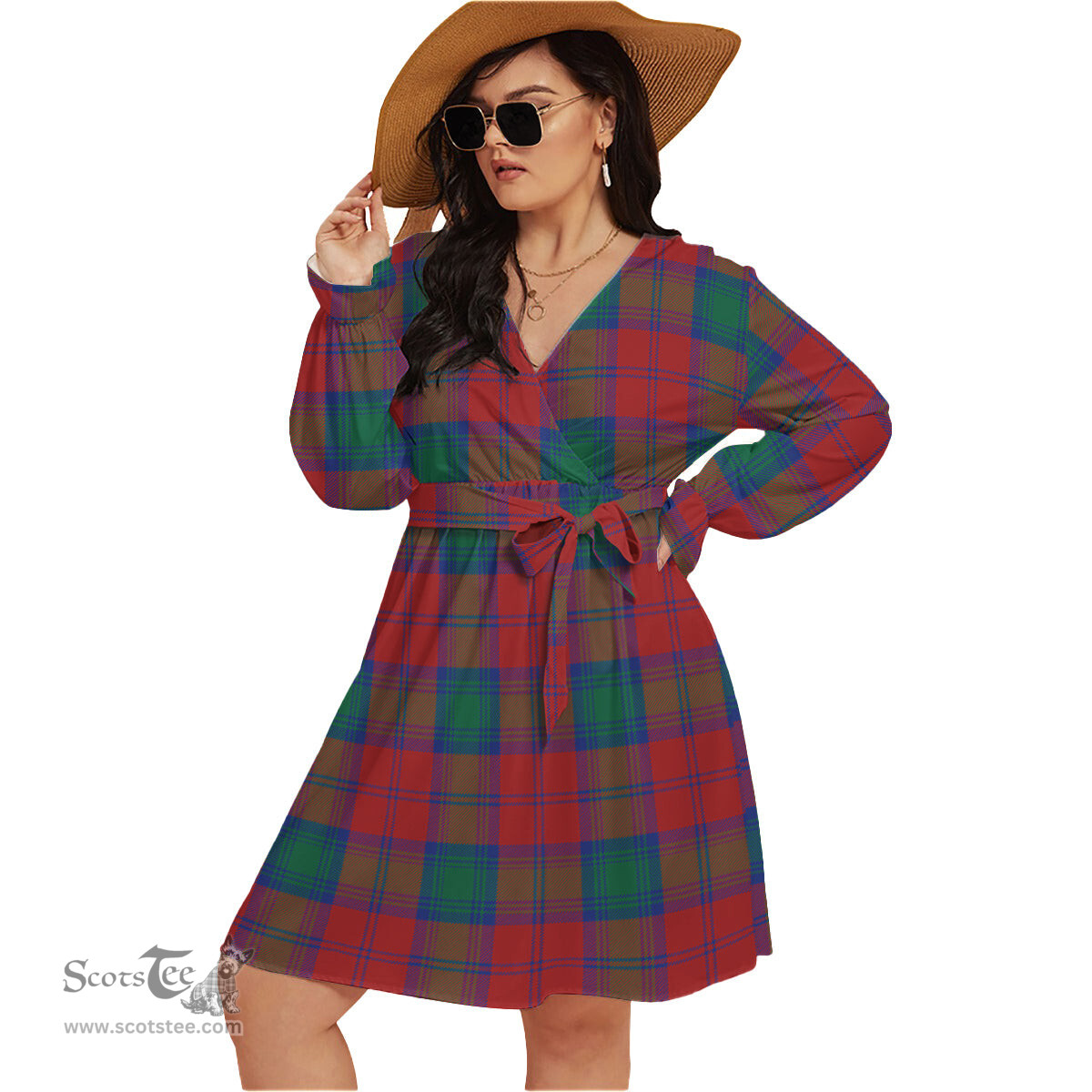 Scottish Auchinleck Clan Tartan Womens V-neck Dress With Waistband Tartan Dress Plus Size