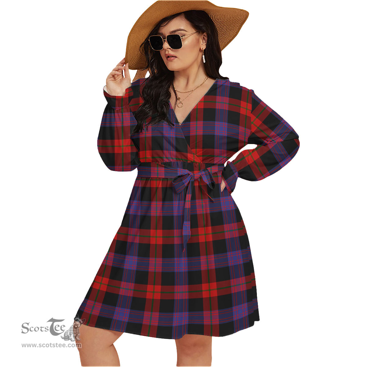 Scottish Broun Modern Clan Tartan Womens V-neck Dress With Waistband Tartan Dress Plus Size