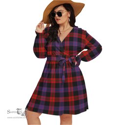 Scottish Broun Modern Clan Tartan Womens V-neck Dress With Waistband Tartan Dress Plus Size