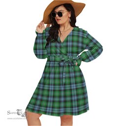 Scottish Arbuthnot Ancient Clan Tartan Womens V-neck Dress With Waistband Tartan Dress Plus Size