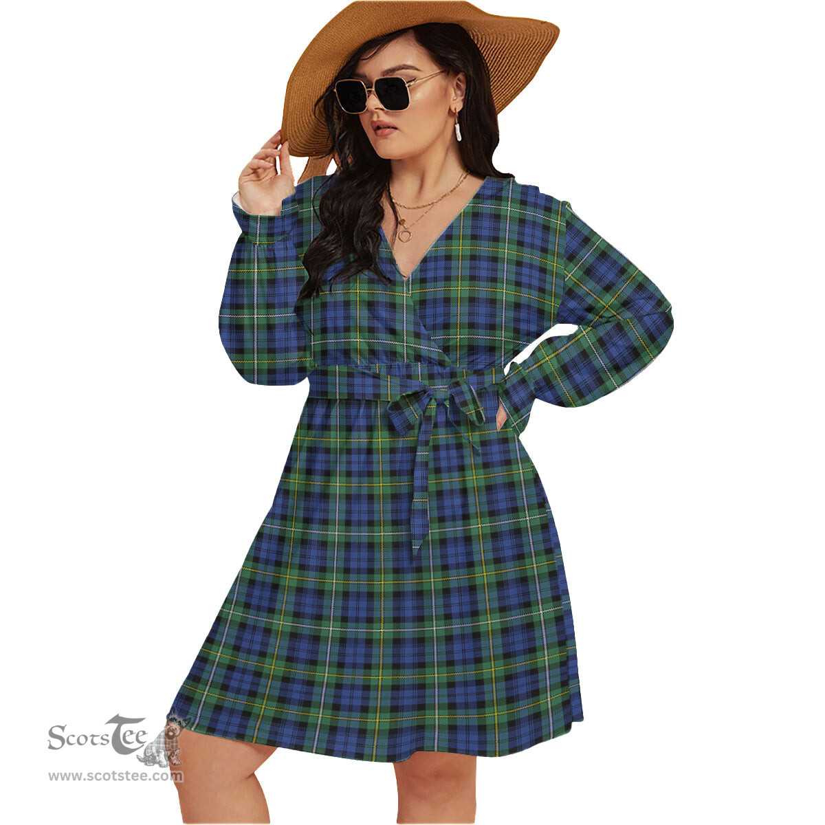 Scottish Campbell Argyll Ancient Clan Tartan Womens V-neck Dress With Waistband Tartan Dress Plus Size