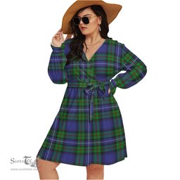 Scottish Donnachaidh Clan Tartan Womens V-neck Dress With Waistband Tartan Dress Plus Size