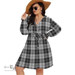 Scottish Erskine Black and White Clan Tartan Womens V-neck Dress With Waistband Tartan Dress Plus Size