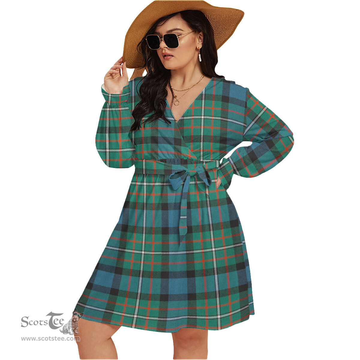 Scottish Ferguson Ancient Clan Tartan Womens V-neck Dress With Waistband Tartan Dress Plus Size