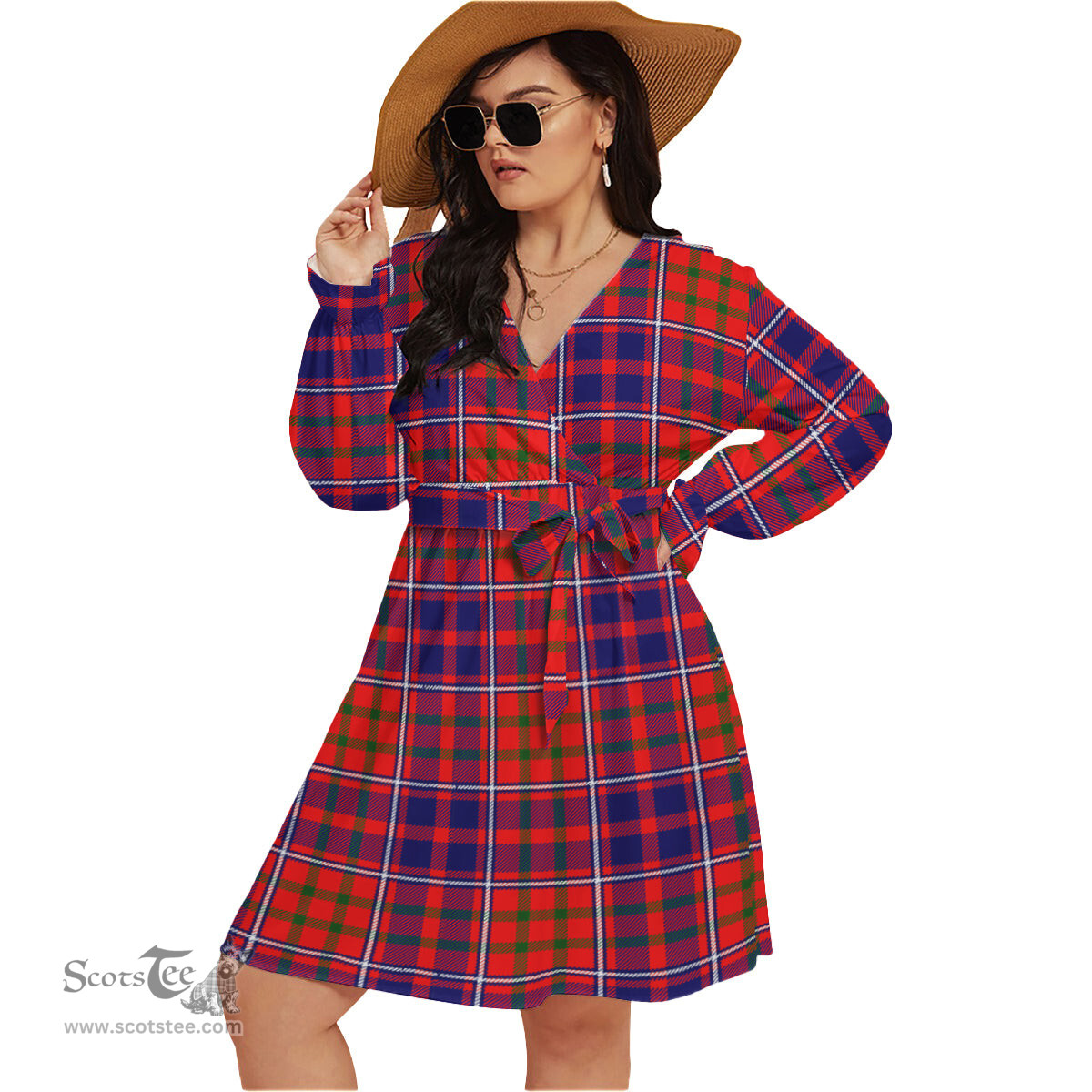 Scottish Cameron of Lochiel Modern Clan Tartan Womens V-neck Dress With Waistband Tartan Dress Plus Size