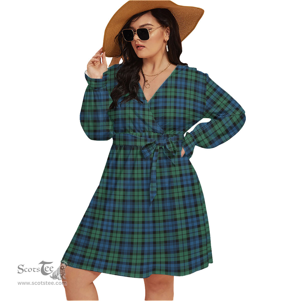 Scottish Campbell Ancient 02 Clan Tartan Womens V-neck Dress With Waistband Tartan Dress Plus Size