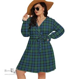 Scottish Campbell Ancient 02 Clan Tartan Womens V-neck Dress With Waistband Tartan Dress Plus Size