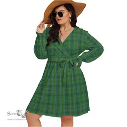 Scottish Cranston Clan Tartan Womens V-neck Dress With Waistband Tartan Dress Plus Size