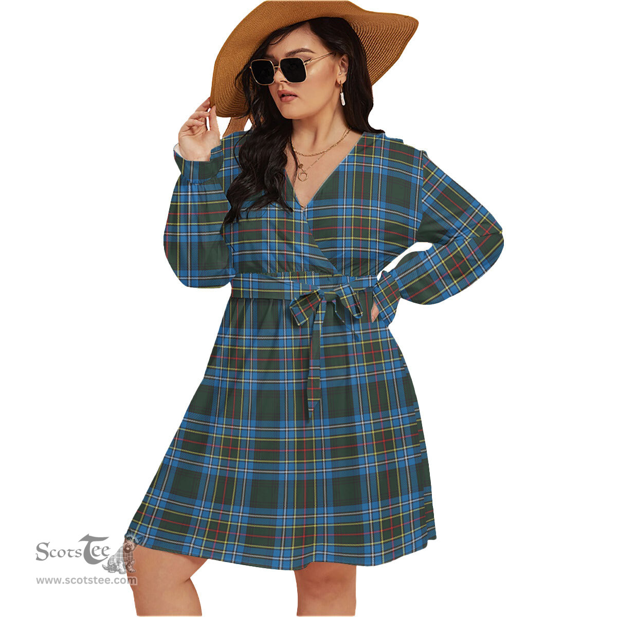 Scottish Cockburn Modern Clan Tartan Womens V-neck Dress With Waistband Tartan Dress Plus Size