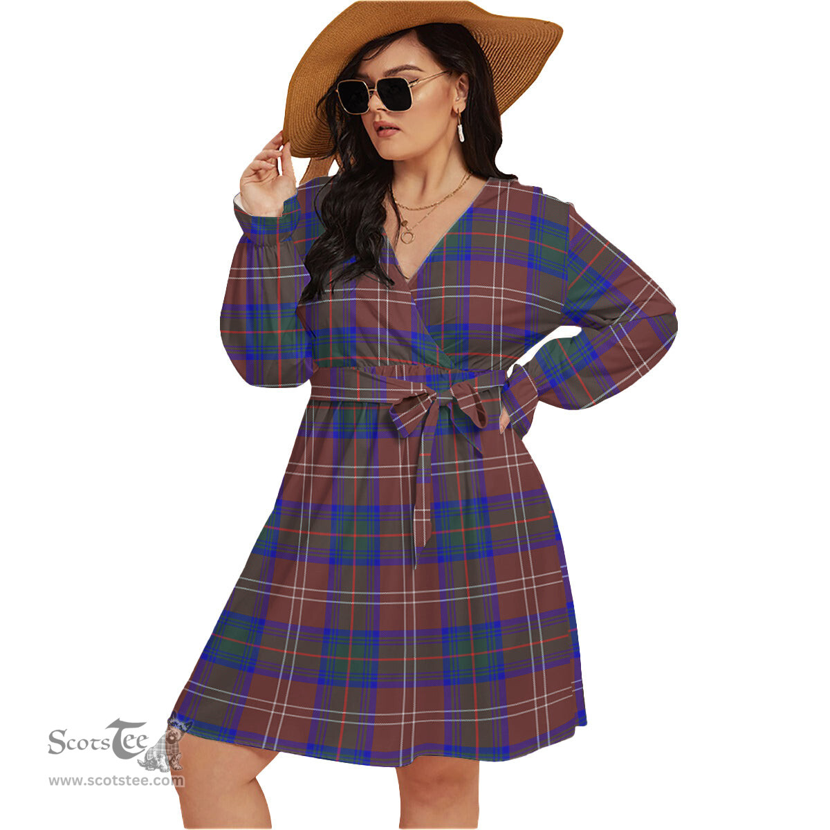 Scottish Chisholm Hunting Modern Clan Tartan Womens V-neck Dress With Waistband Tartan Dress Plus Size
