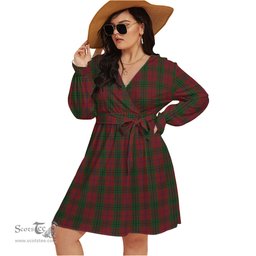 Scottish Denny Hunting Clan Tartan Womens V-neck Dress With Waistband Tartan Dress Plus Size