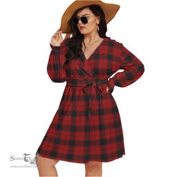 Scottish Ewing Clan Tartan Womens V-neck Dress With Waistband Tartan Dress Plus Size