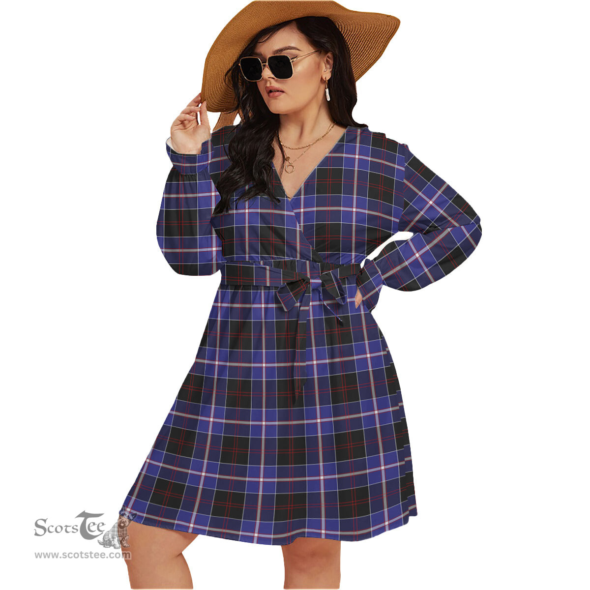 Scottish Dunlop Modern Clan Tartan Womens V-neck Dress With Waistband Tartan Dress Plus Size