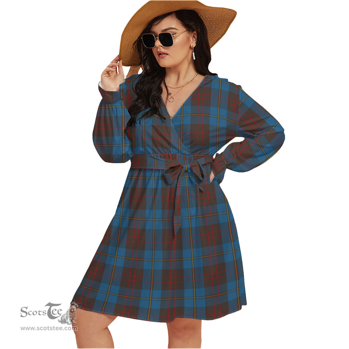 Scottish Cameron Hunting Clan Tartan Womens V-neck Dress With Waistband Tartan Dress Plus Size