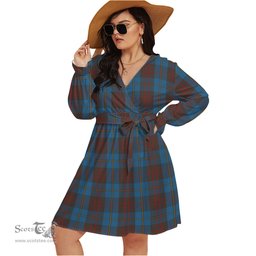 Scottish Cameron Hunting Clan Tartan Womens V-neck Dress With Waistband Tartan Dress Plus Size