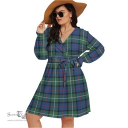 Scottish Davidson of Tulloch Clan Tartan Womens V-neck Dress With Waistband Tartan Dress Plus Size