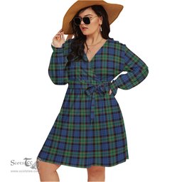 Scottish Fletcher Ancient Clan Tartan Womens V-neck Dress With Waistband Tartan Dress Plus Size