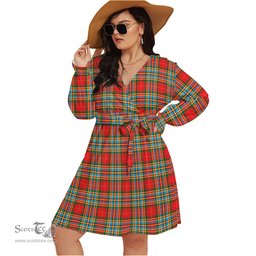 Scottish Chattan Clan Tartan Womens V-neck Dress With Waistband Tartan Dress Plus Size