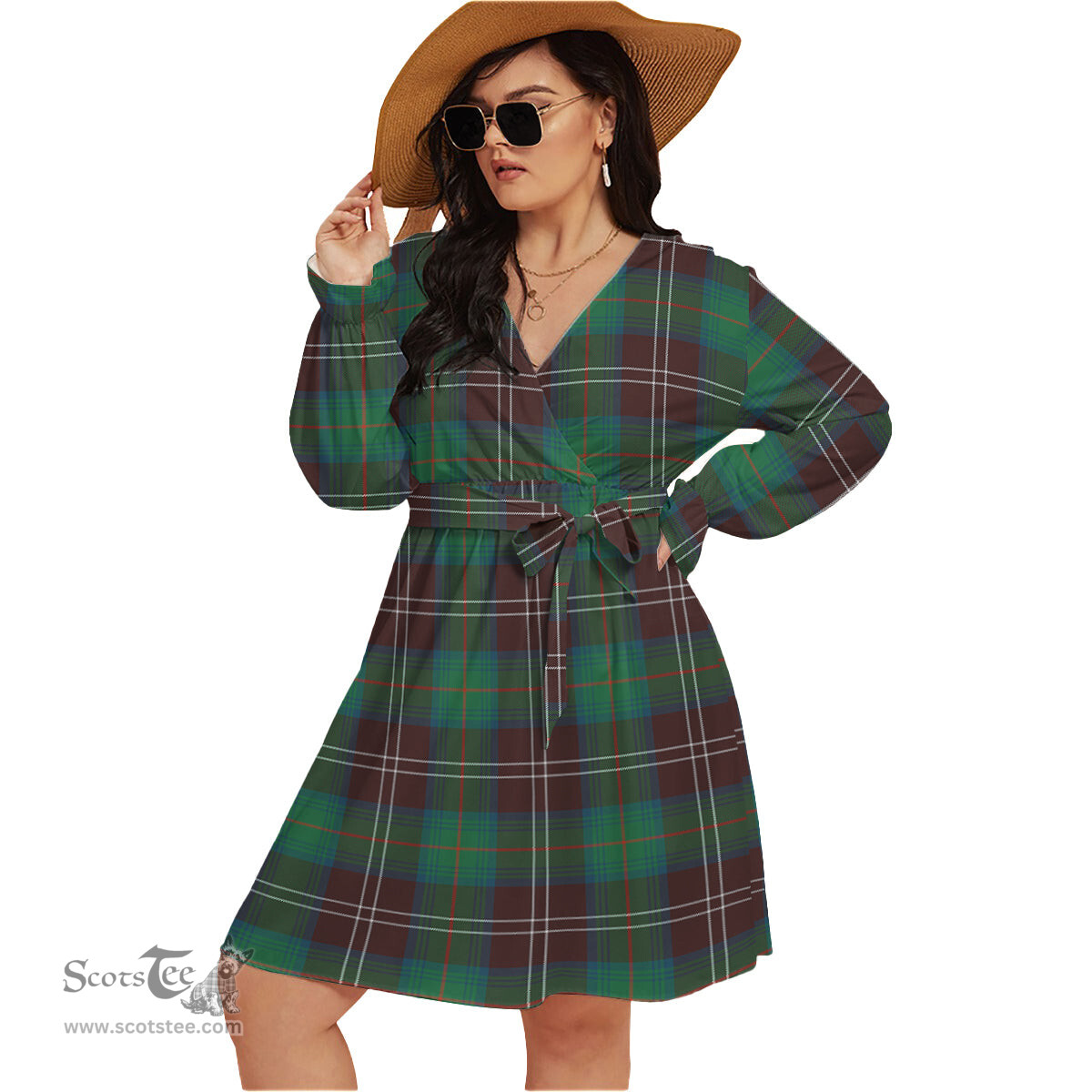 Scottish Chisholm Hunting Ancient Clan Tartan Womens V-neck Dress With Waistband Tartan Dress Plus Size