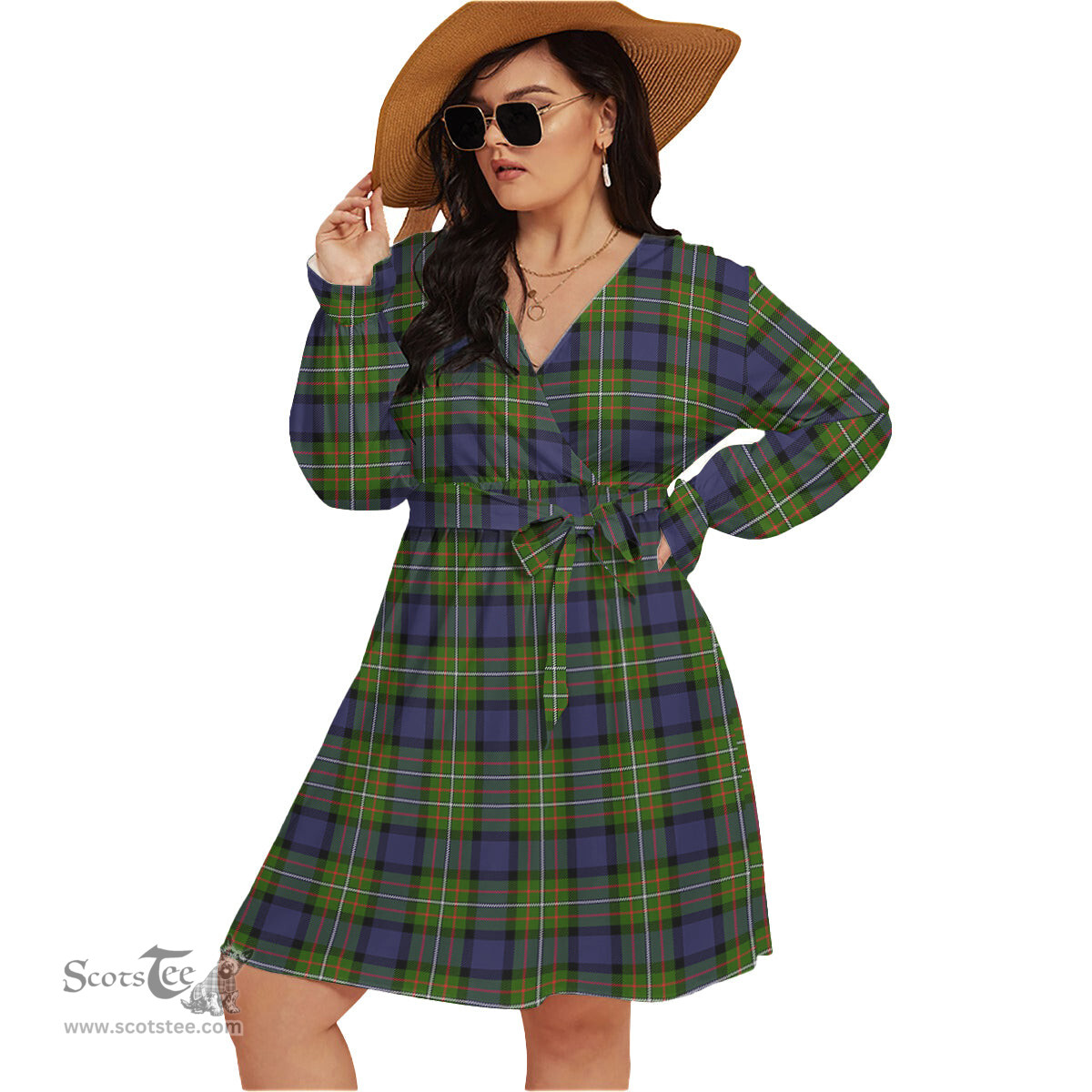 Scottish Ferguson Modern Clan Tartan Womens V-neck Dress With Waistband Tartan Dress Plus Size