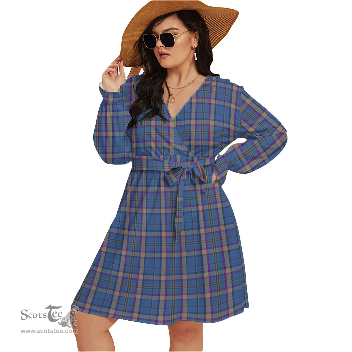 Scottish Cian Clan Tartan Womens V-neck Dress With Waistband Tartan Dress Plus Size