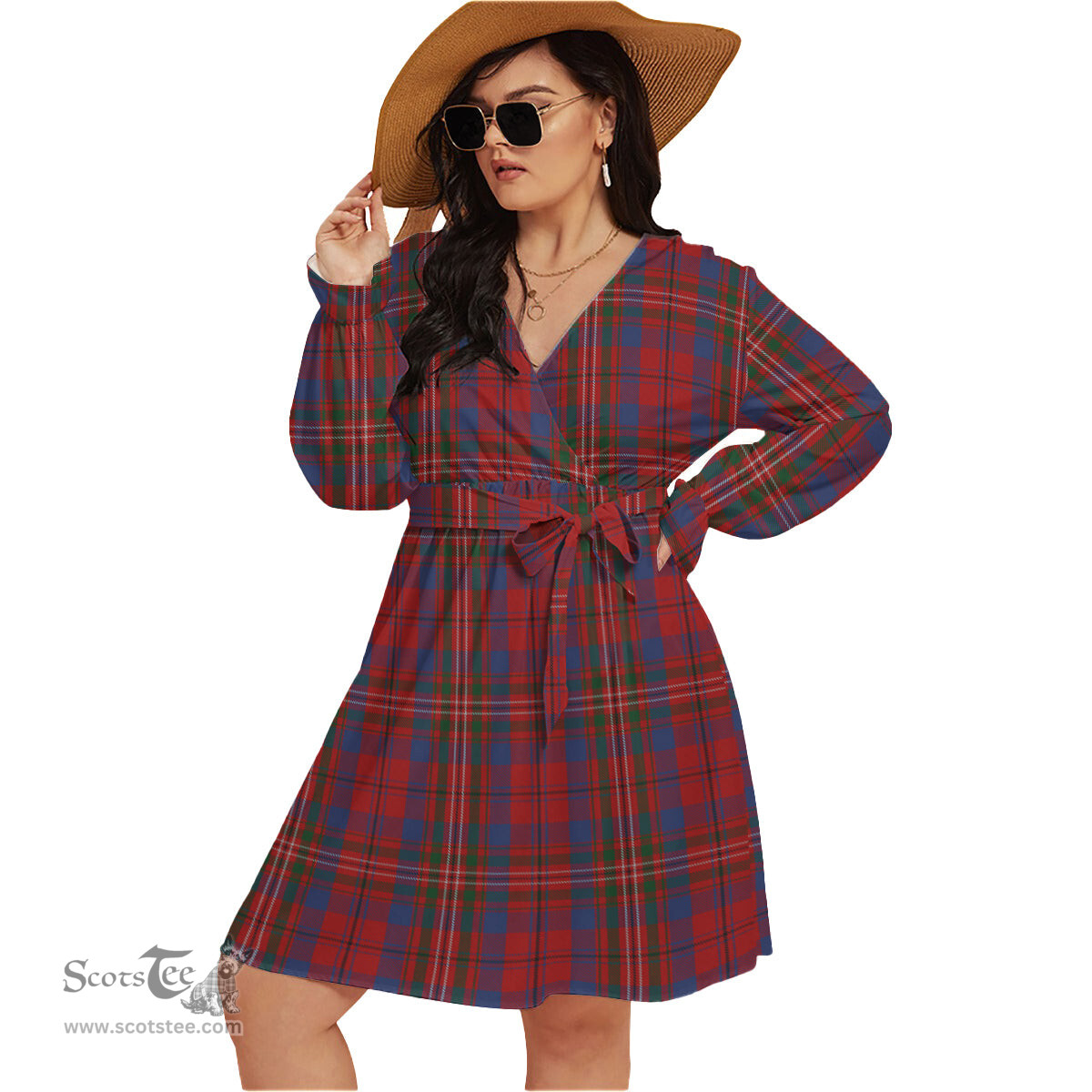 Scottish Cameron of Locheil Clan Tartan Womens V-neck Dress With Waistband Tartan Dress Plus Size