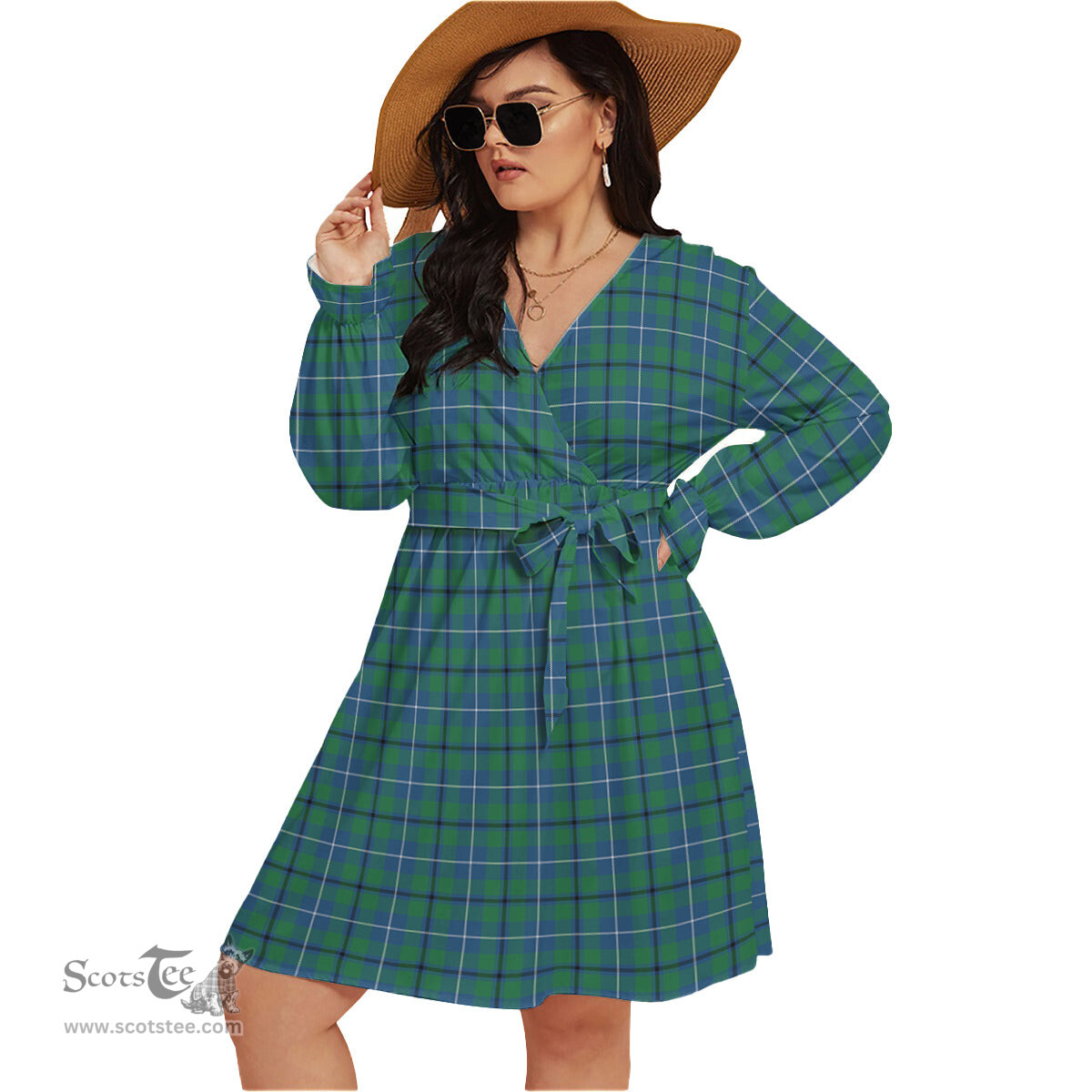 Scottish Douglas Ancient Clan Tartan Womens V-neck Dress With Waistband Tartan Dress Plus Size