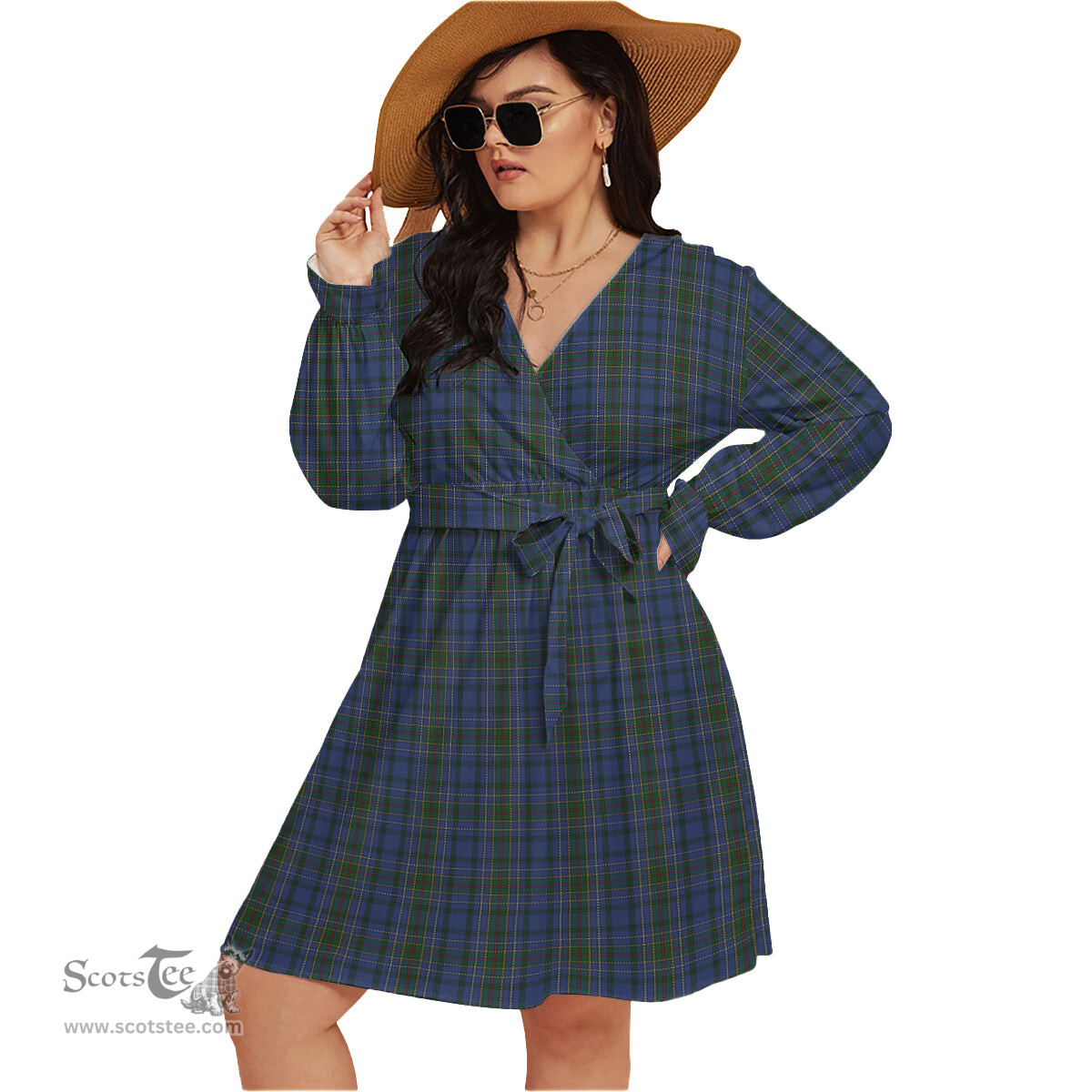 Scottish Cockburn Blue Clan Tartan Womens V-neck Dress With Waistband Tartan Dress Plus Size
