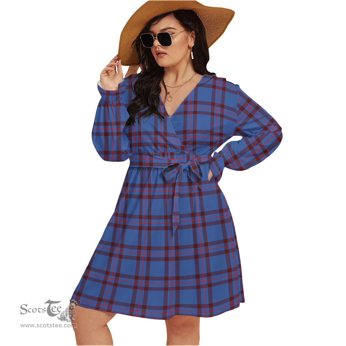 Scottish Elliot Modern Clan Tartan Womens V-neck Dress With Waistband Tartan Dress Plus Size