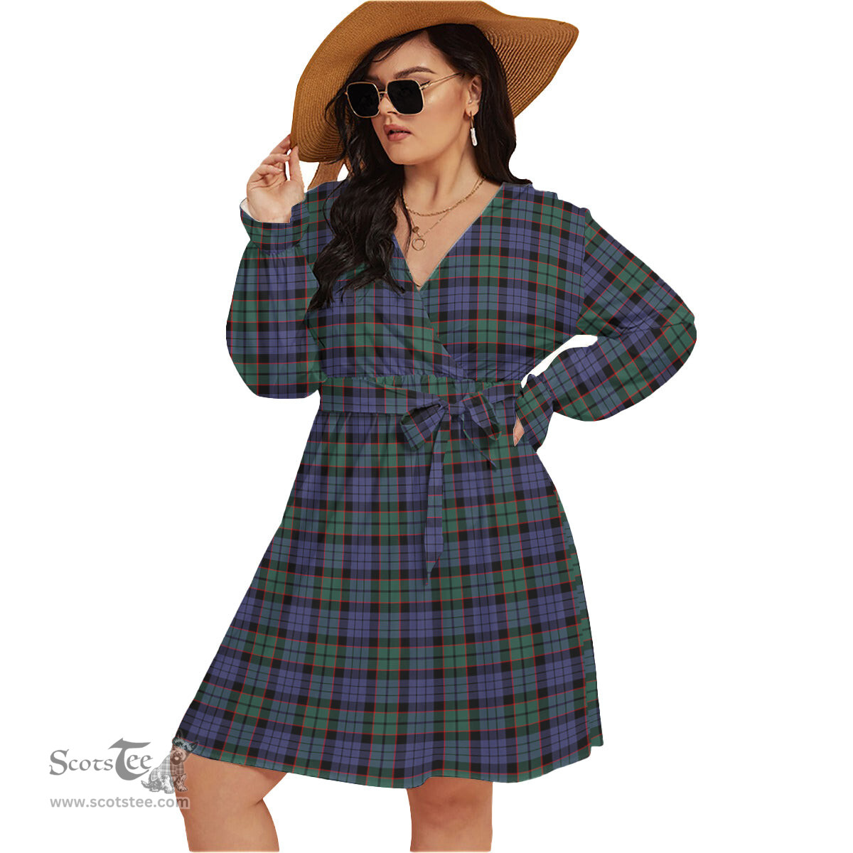 Scottish Fletcher Modern Clan Tartan Womens V-neck Dress With Waistband Tartan Dress Plus Size