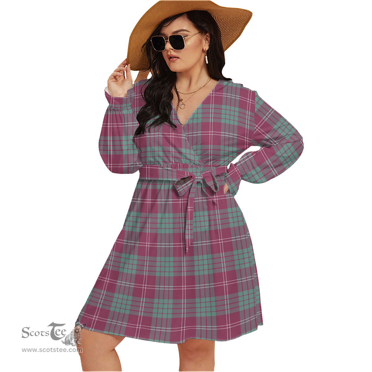 Scottish Crawford Ancient Clan Tartan Womens V-neck Dress With Waistband Tartan Dress Plus Size