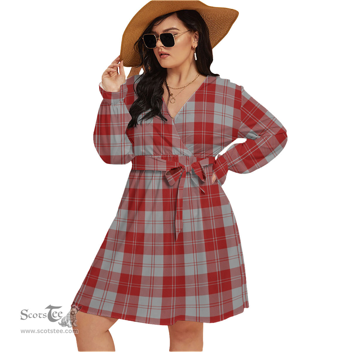 Scottish Erskine Red Clan Tartan Womens V-neck Dress With Waistband Tartan Dress Plus Size