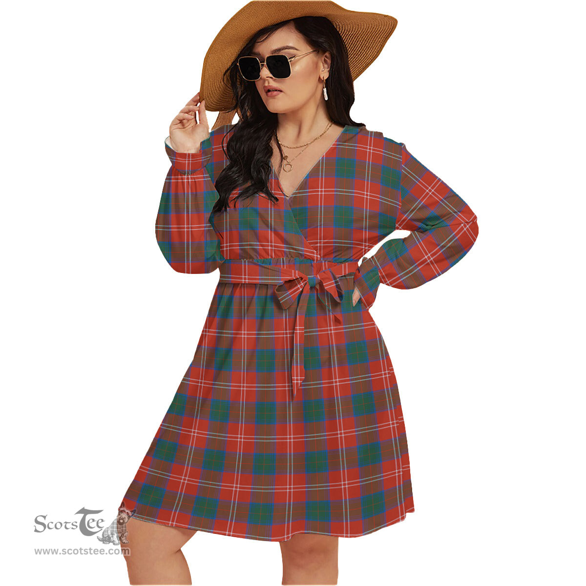 Scottish Chisholm Ancient Clan Tartan Womens V-neck Dress With Waistband Tartan Dress Plus Size