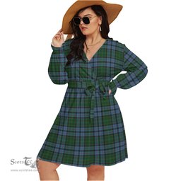Scottish Forsyth Clan Tartan Womens V-neck Dress With Waistband Tartan Dress Plus Size