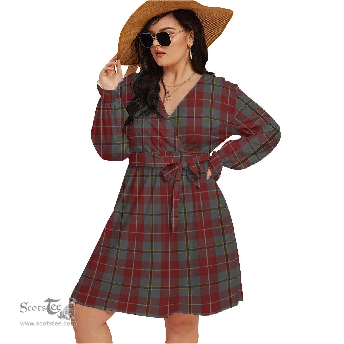 Scottish Douglas Ancient Red Clan Tartan Womens V-neck Dress With Waistband Tartan Dress Plus Size