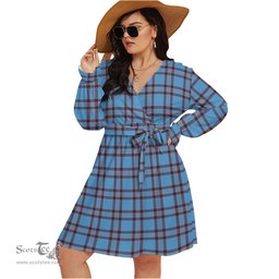 Scottish Elliot Ancient Clan Tartan Womens V-neck Dress With Waistband Tartan Dress Plus Size