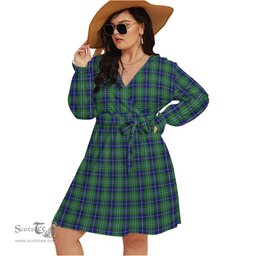 Scottish Douglas Clan Tartan Womens V-neck Dress With Waistband Tartan Dress Plus Size