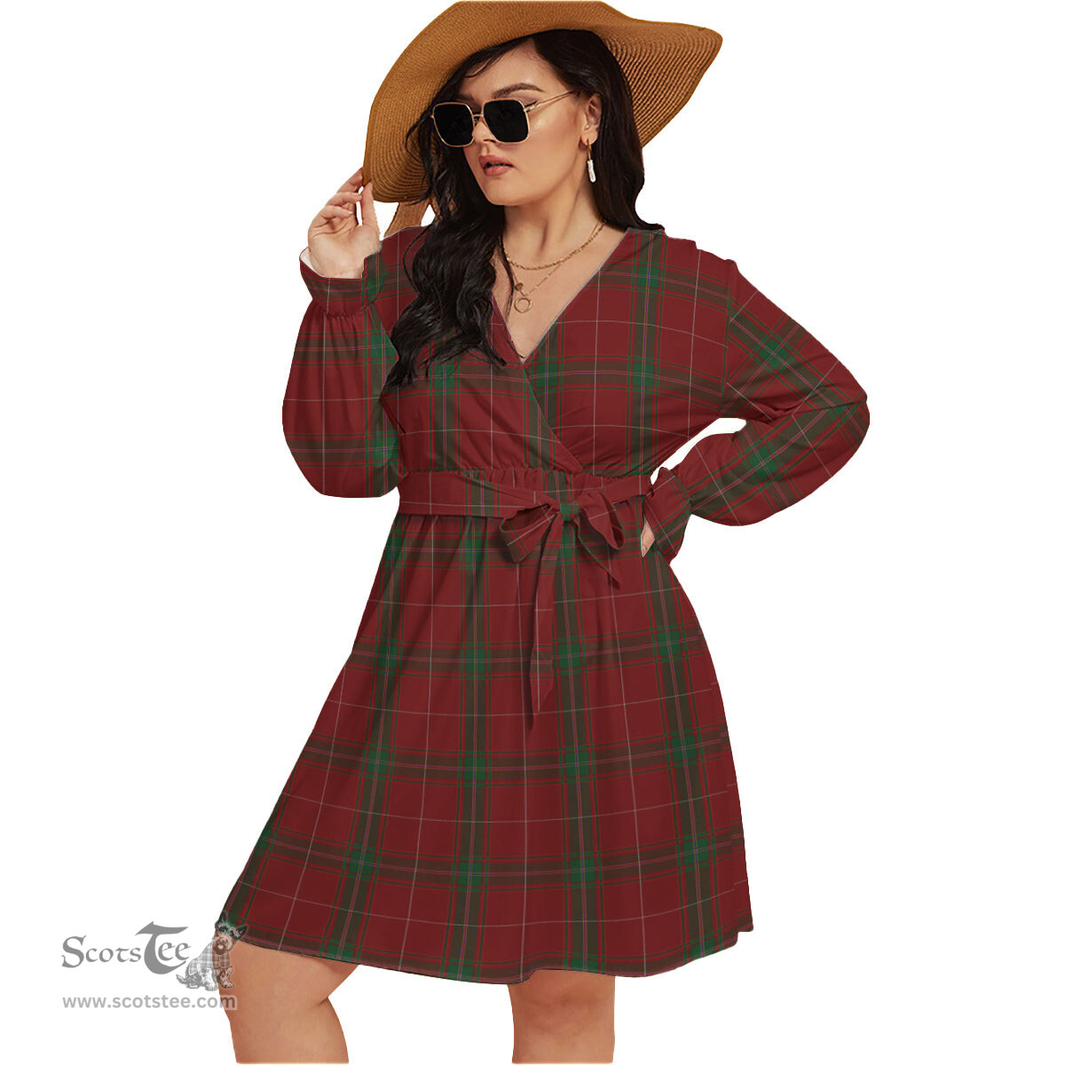 Scottish Carruthers Clan Tartan Womens V-neck Dress With Waistband Tartan Dress Plus Size