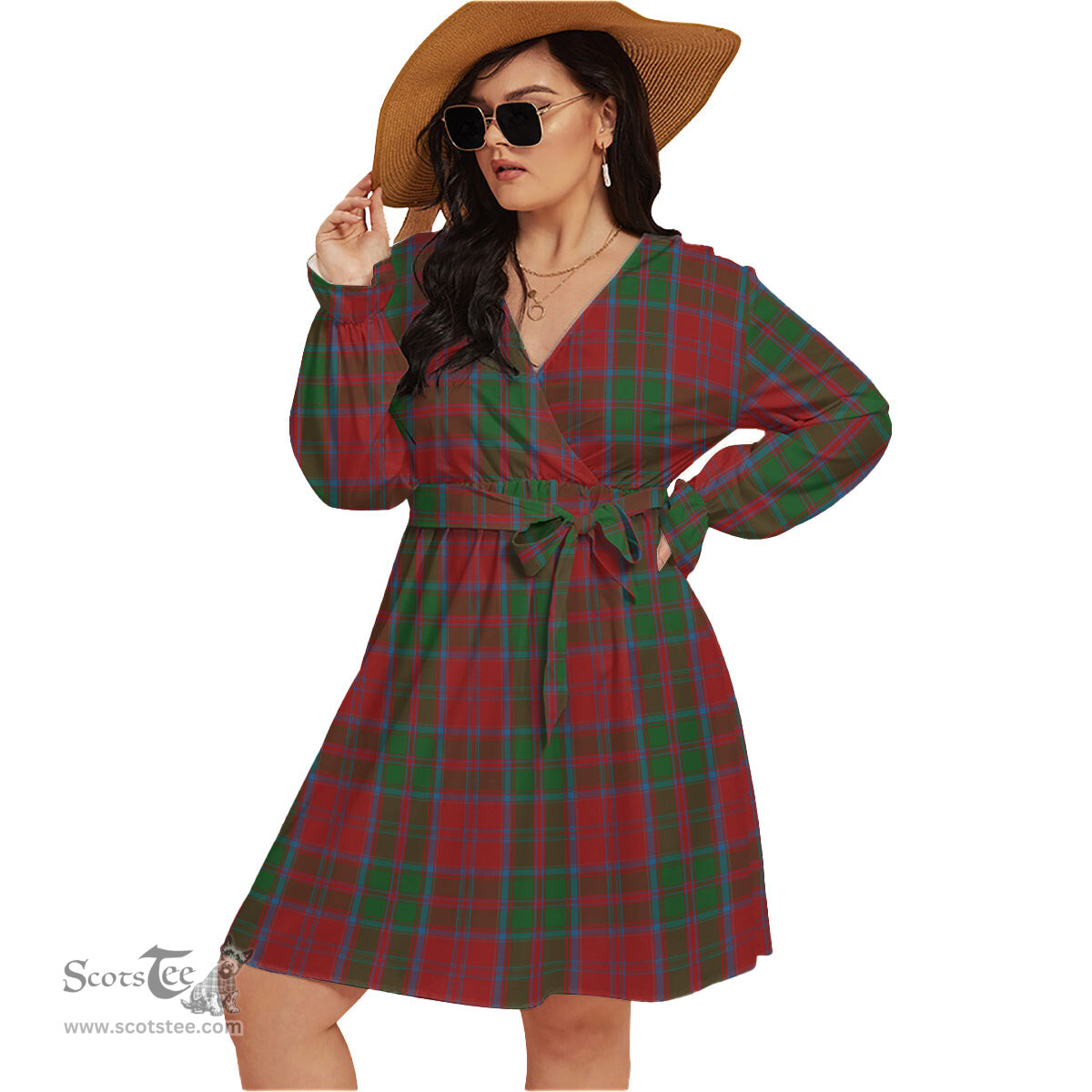 Scottish Drummond Clan Tartan Womens V-neck Dress With Waistband Tartan Dress Plus Size