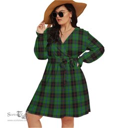 Scottish Douglas Black Clan Tartan Womens V-neck Dress With Waistband Tartan Dress Plus Size