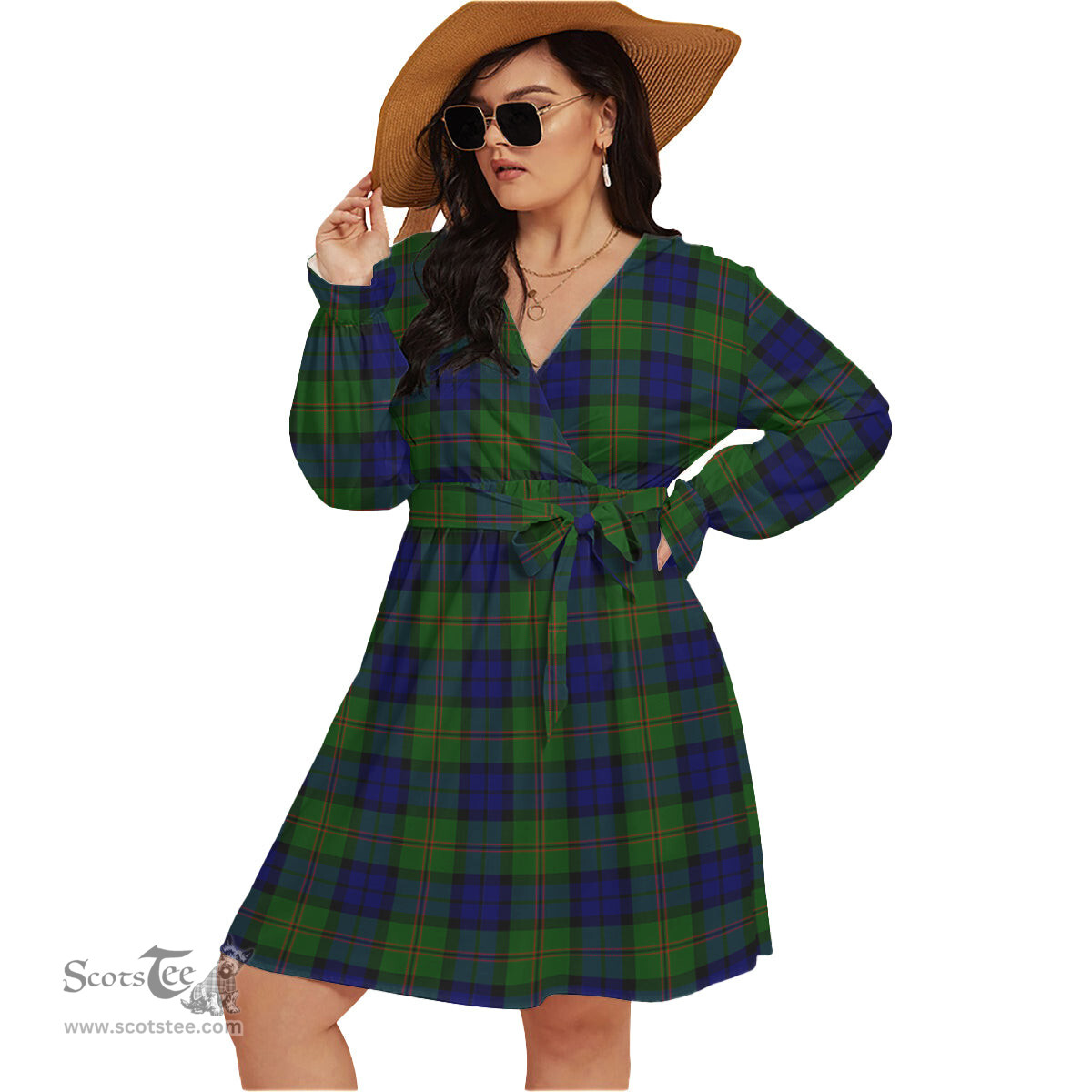 Scottish Dundas Modern Clan Tartan Womens V-neck Dress With Waistband Tartan Dress Plus Size
