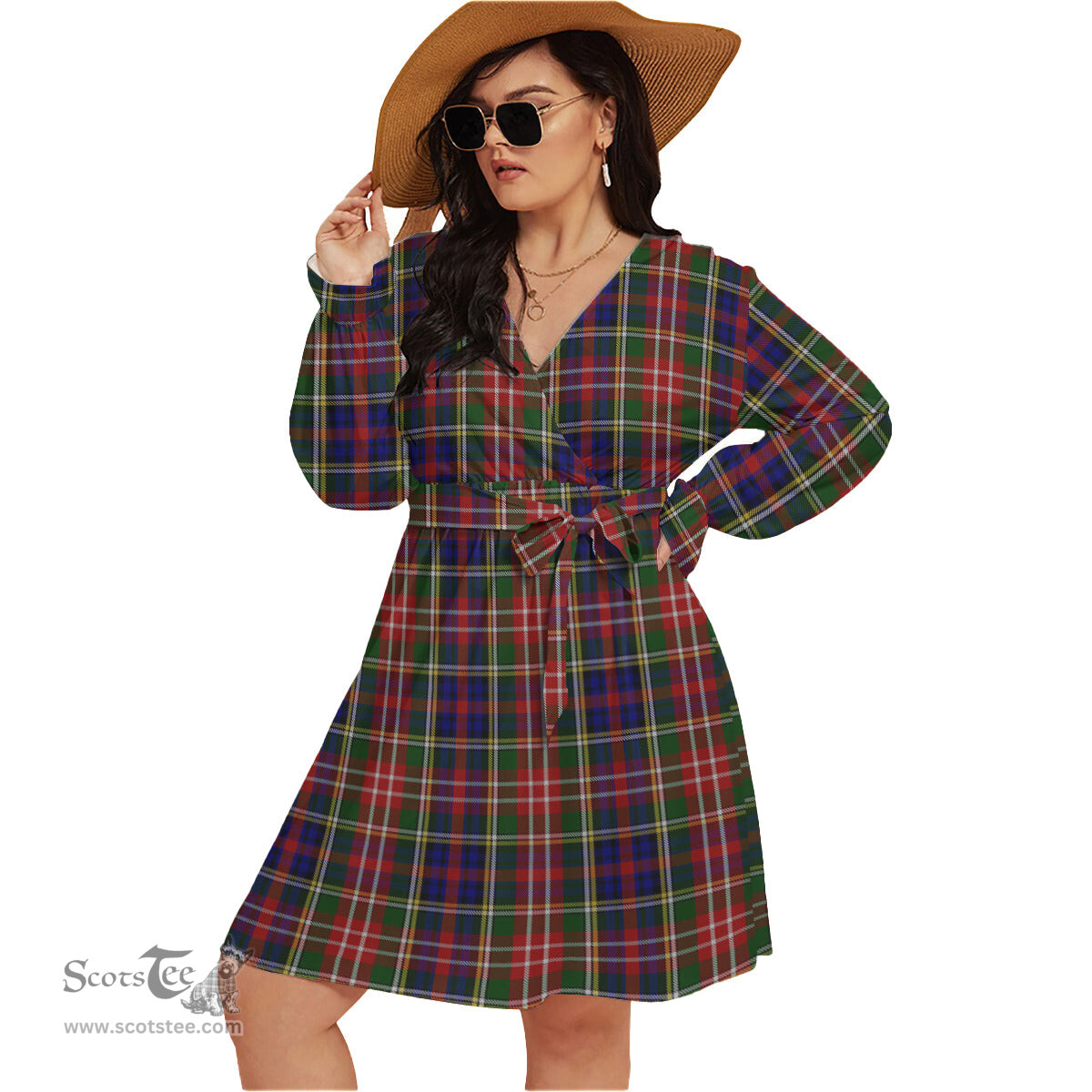 Scottish Christie Clan Tartan Womens V-neck Dress With Waistband Tartan Dress Plus Size