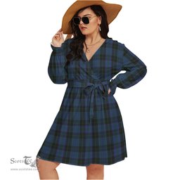 Scottish Clergy Blue Clan Tartan Womens V-neck Dress With Waistband Tartan Dress Plus Size