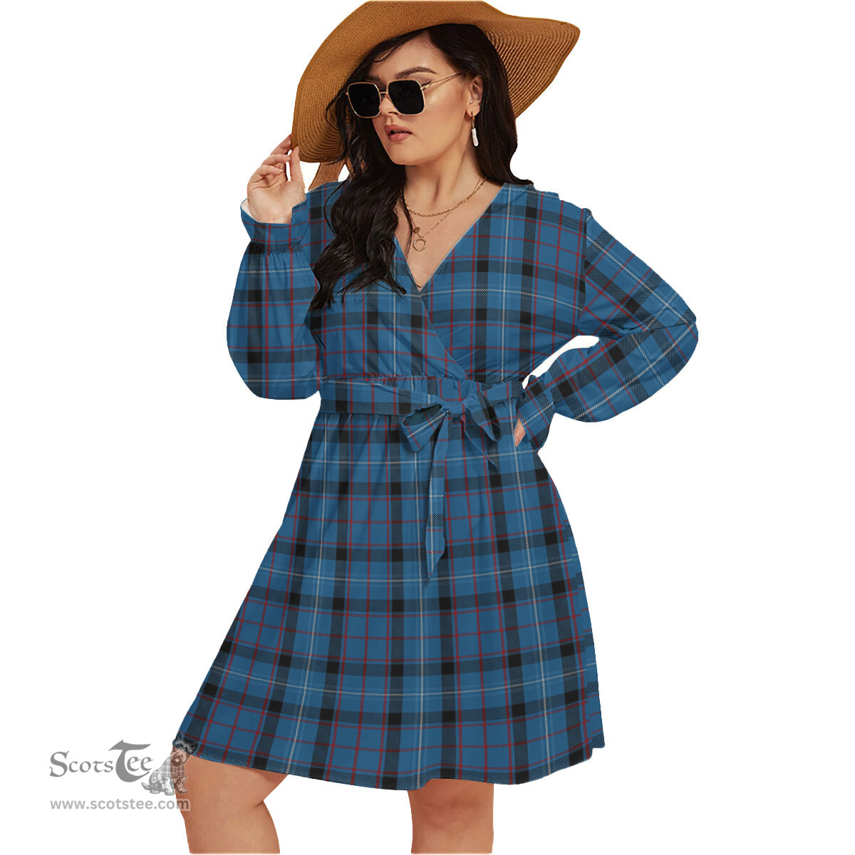 Scottish Fitzgerald Family Clan Tartan Womens V-neck Dress With Waistband Tartan Dress Plus Size