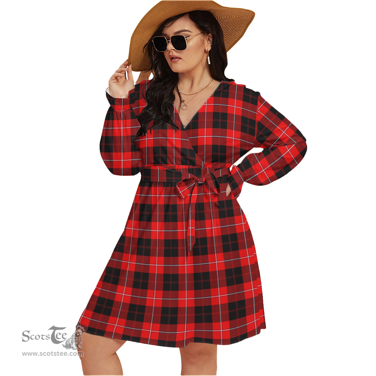 Scottish Cunningham Modern Clan Tartan Womens V-neck Dress With Waistband Tartan Dress Plus Size